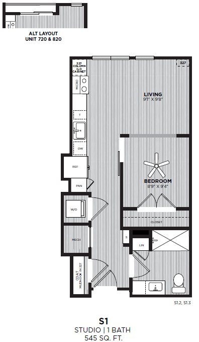 A floor plan of a studio apartment with a living space, bedroom, and bathroom.